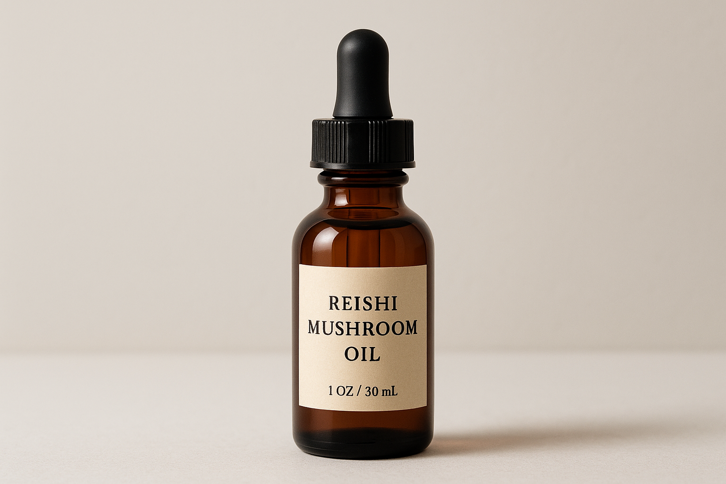 reishi mushrooms oil in a 1oz boston amber bottle with a dropper