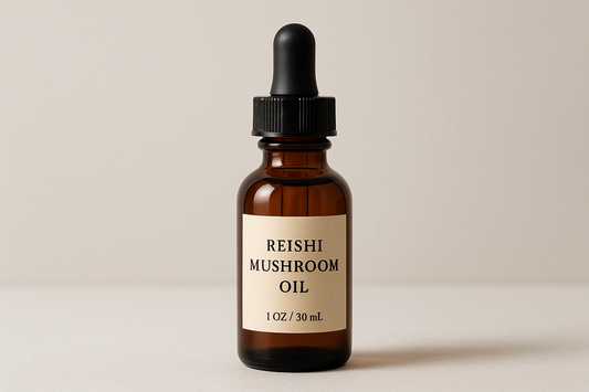 reishi mushrooms oil in a 1oz boston amber bottle with a dropper